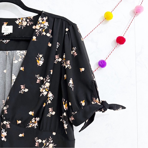 A New Day XL Black Floral Tie Sleeve Button Front Midi Dress - Picture 2 of 8